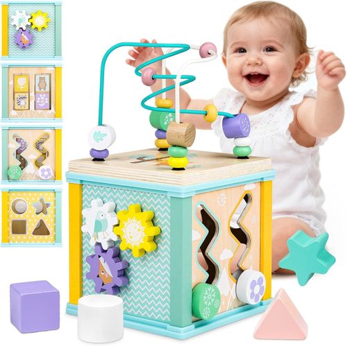 Wooden Activity Cube Toy 5 in 1 Bead Maze Shape Sorter Montessori Educational — image 1