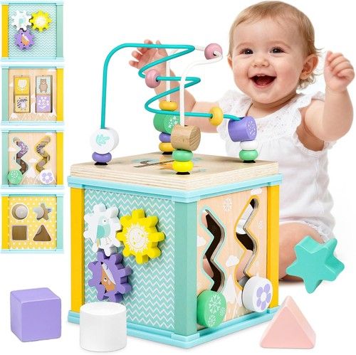Wooden Activity Cube Toy 5 in 1 Bead Maze Shape Sorter Montessori Educational