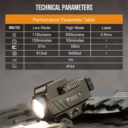 Trustfire 850 Lumens La-ser  Tactical LED Pistol Light LED Glock Flashlight UK