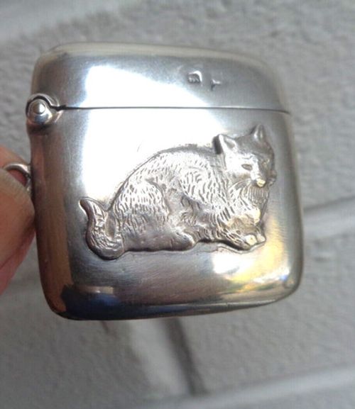Silver Vesta Match Safe CAT Antique Sterling hm 1904 Sheffield by  Walker & Hall
