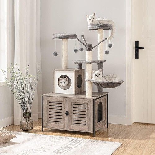 HOOBRO Cat Tree with Litter Box Enclosure Wooden Cat Tower Cat Condo w/ Hammock