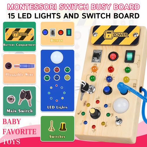 Montessori Busy Board Sensory Travel Activity Toys Wooden With LED Light Switch — image 3