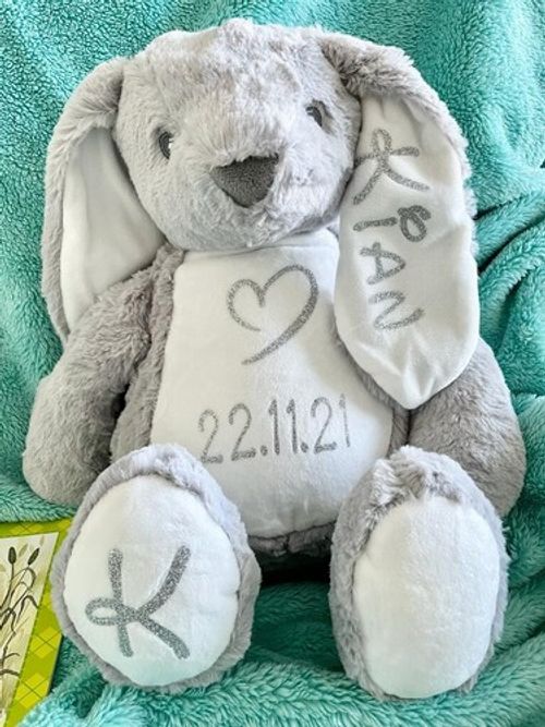 Personalised Bunny Rabbit Plush Cuddly Toy Printed Name Date of Birth Gift