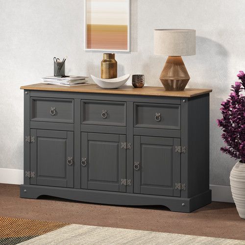 Corona Sideboard Charcoal Grey 3 Door 3 Drawer Solid Wood Mexican Pine Wooden