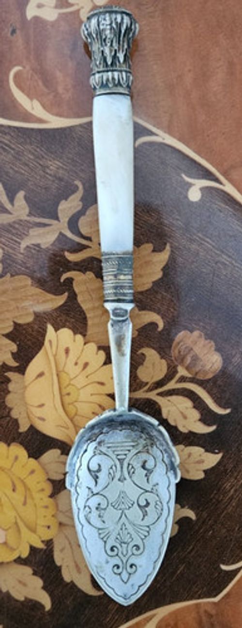 Antique Silver-Plated Preserve, Jam, Sugar Embossed Spoon Mother-of-Pearl Handle