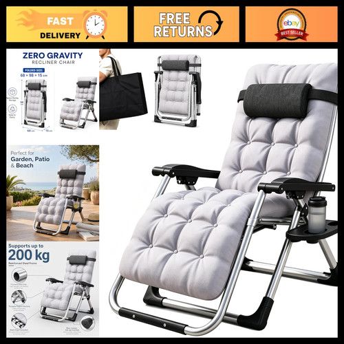 Folding Zero Gravity Reclining Patio Chair with Soft Cushion & Cup Holder - Grey