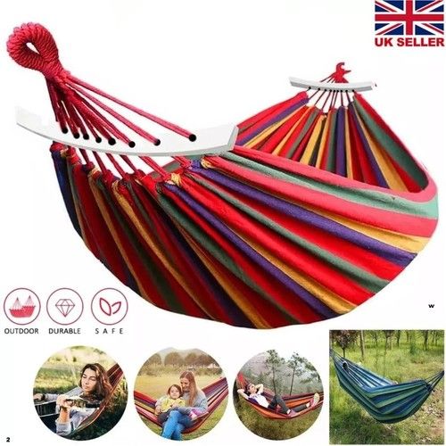 Cotton Hammock Heavy Duty Portable with Straps Carabiners Camping Garden Outdoor