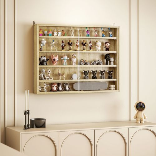 5 Tier Wall Display Shelf Unit Cabinet with 4 Adjustable Shelves Glass Doors Oak — image 8