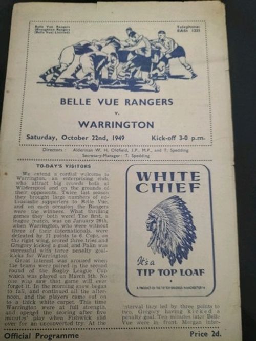 RARE VINTAGE RUGBY LEAGUE PROGRAMME BELLE VUE RANGERS V WARRINGTON 22ND OCT 1949