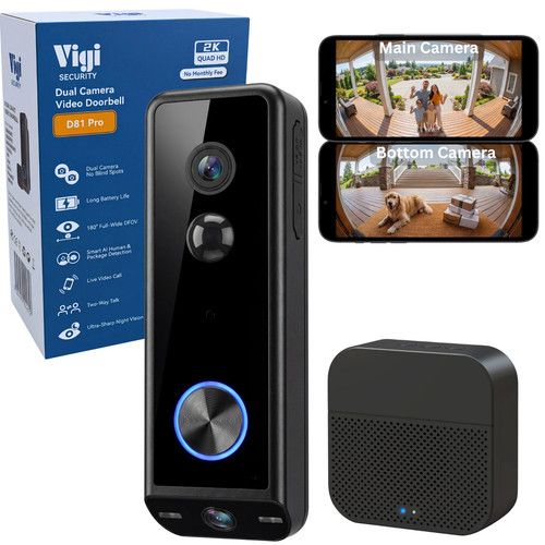 2K  180° Dual Camera Doorbell + Chime Battery or Wired,No Monthly Fee, HeadtoToe