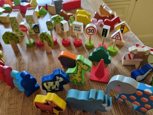 Big jigs Wooden Toy Bundle 160 + Pieces. Farm Zoo  People Trees Shops Signs Etc — image 3