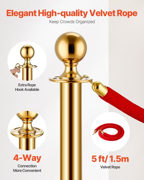 VEVOR 4 Pcs Gold Stanchion Post 2 Red Velvet Ropes Sand Injection Hollow Base — image 6