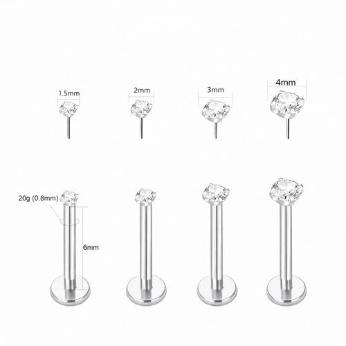 2Pc 20g 6mm Labret Piercing CZ Push in Nose Stud Earring Cartilage Tragus Helix
