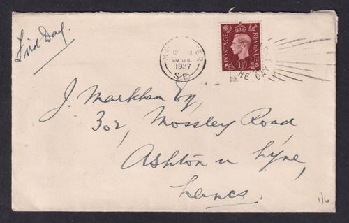 GREAT BRITAIN 1937 KGVI 1½d Red-Brown on First Day Cover — image 1