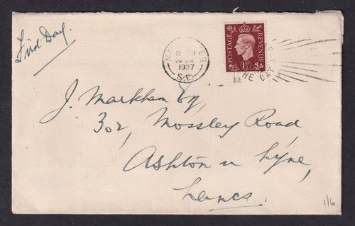 GREAT BRITAIN 1937 KGVI 1½d Red-Brown on First Day Cover