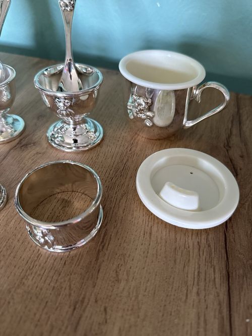 Vintage Teddy Bear Silver Metal Christening Sippy Cups, Egg & Spoon Frame Bundle — image 2