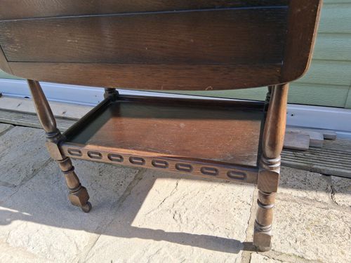 Vintage 1950s Wood Dark Oak Drop Leaf Hostess/Drinks Trolley,Table ,2 Tier — image 3