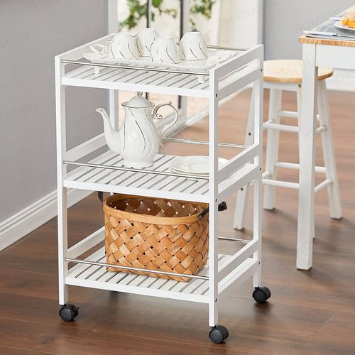 3-Tier Wooden Trolley on Wheels Kitchen Storage Serving Rolling Cart Steel Bars — image 9