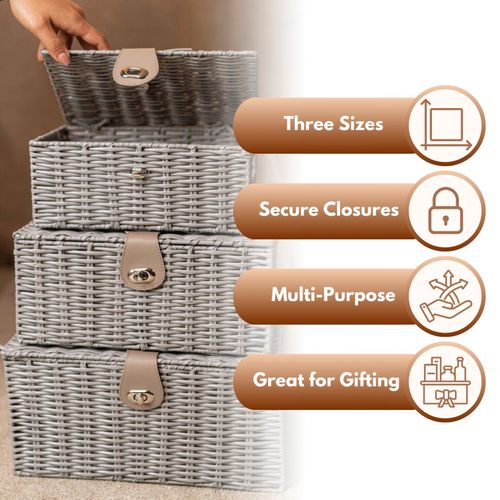 3pc Storage Basket Set - PE Wicker Woven Hamper Box Lid & Lock Stackable Home — image 10