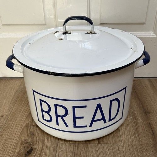 Large Vintage Enamel Bread Bin Polish Kitchenalia - Blue and White Lidded Bin