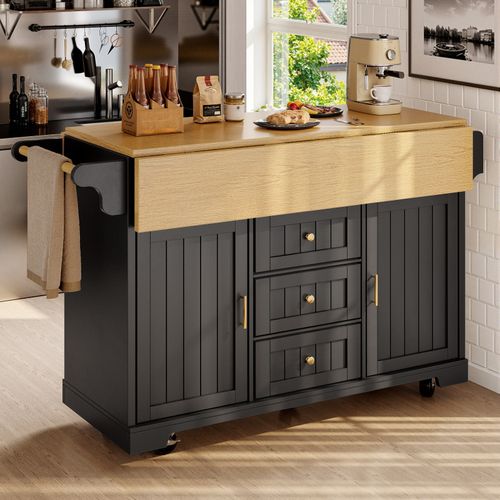Kitchen Island on Wheels Rolling Storage Trolley with Extendable Worktop, Black — image 3