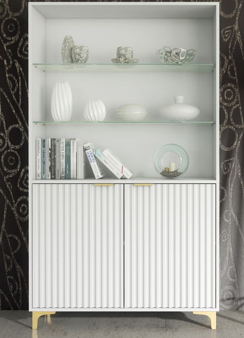 Display Cabinet Tall Unit 175cm Fluted Doors Bookcase White Gold Storage 175cm — image 5