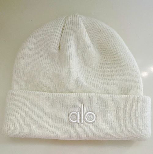 alo White 100% Recycled Polyester Knit Cuffed Beanie Hat w/ Logo, One Size