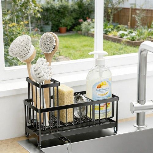 Stainless Steel Sink Caddy, Sponge Holder for Kitchen Sink with Brush Holder