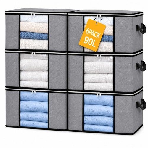 6 Pack Storage Bags Moth Proof Clothes Organizer Large Duvet Bags Zips 90L