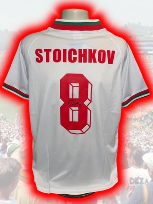 Hand Signed HRISTO STOICHKOV Bulgaria Retro Football Home Shirt WC Rare - Proof