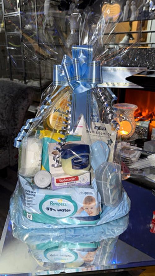 Baby Boy Gift Basket Hamper, Pampers Wipes, Johnson's & Sudocrem, Blue Ribbon
