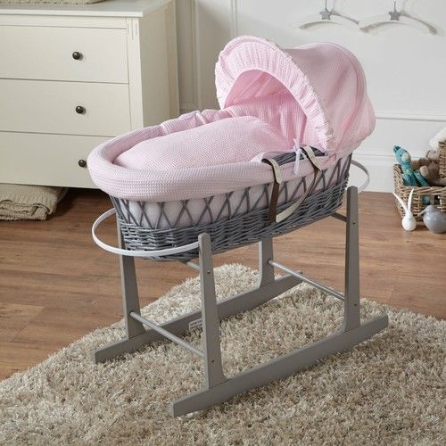 Baby Moses Basket With Stand - Pink Waffle / Grey Wicker | Mattress And Bedding