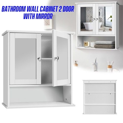 2 Door Mirror Bathroom Cabinet Corner Wall Mounted Storage Cupboard Shelf White