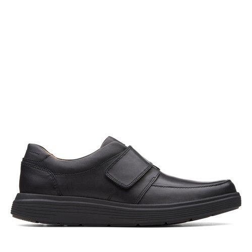 Clarks Mens Un Abode Strap Loafer Black Leather Loafers,Riptape