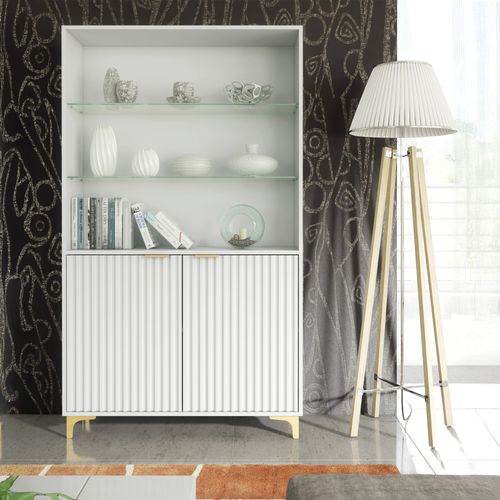 Display Cabinet Tall Unit 175cm Fluted Doors Bookcase White Gold Storage 175cm — image 3