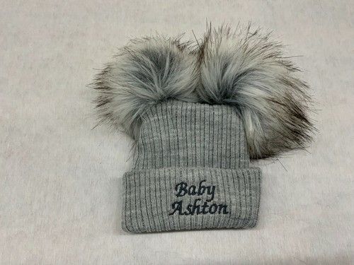 Personalised Unisex Baby Boy Girl Hat Faux Pom Pom Baby Shower Gift Name Year