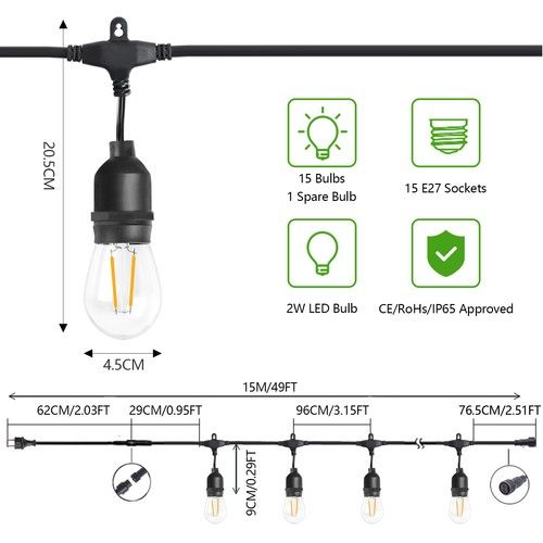 49FT-300FT Festoon Outdoor String Light Mains Powered S14 LED Bulbs Garden Light