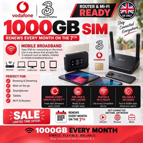 1000GB SIM Expiry July 2028 Prepaid Preloaded Three Vodafone 5G Mobile SIM SALE