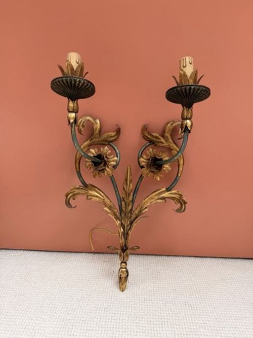 Antique Original 1920s French Gilded Metal 2-Light Wall Sconce Gold Green