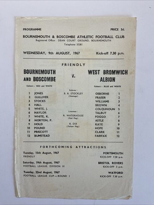 Bournemouth v West Bromwich Albion;  Preseason Friendly, 9th August 1967