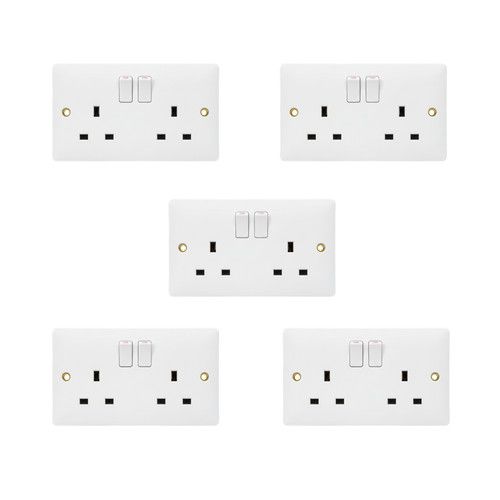 5 Pack Double Switched Socket 13A 2 Gang DP White Wall Plug Elite Elegance