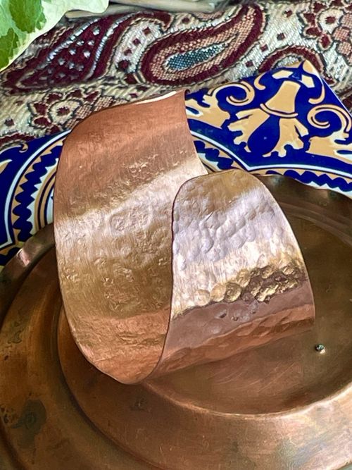 Wide Hammered Copper Cuff Bracelet / Open Bangle Adjustable No Stone — image 2