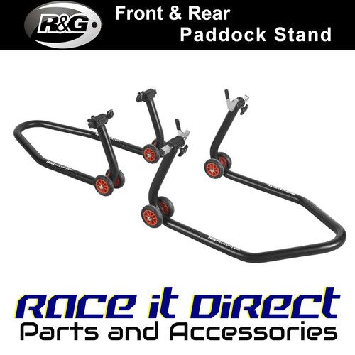 R&G Racing Motorcycle Front and Rear Paddock Bike Stand Elevation in Black Set