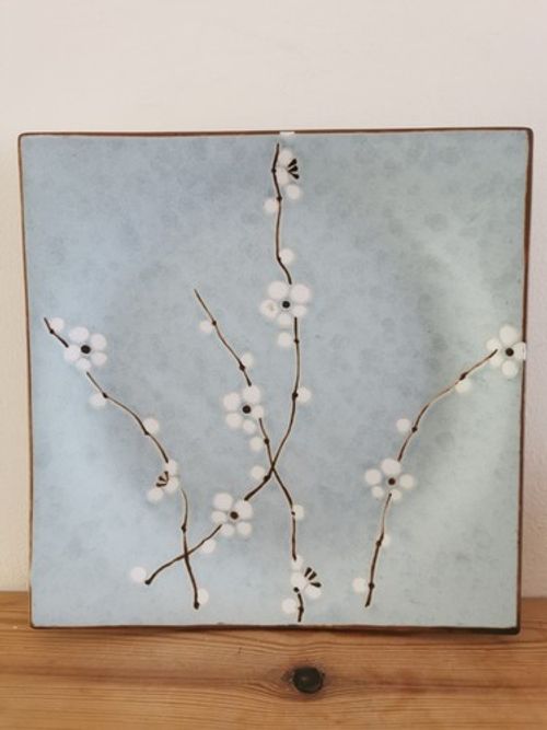 Vintage Japanese Plate, Cherry Blossom, Pale Blue, Kafuh, 23cm Wide, Rare in UK