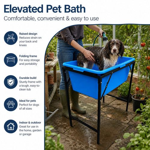 Blue Large Dog Washing Bath 90L Tough Polypropylene Tub With Drain, Stand shower