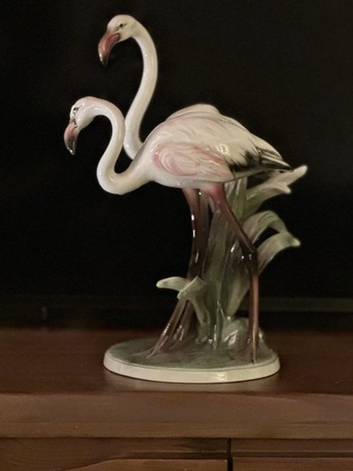 Keramos Vienna Large Porcelain Flamingo Pair Figurine Mid Century Hand Painted