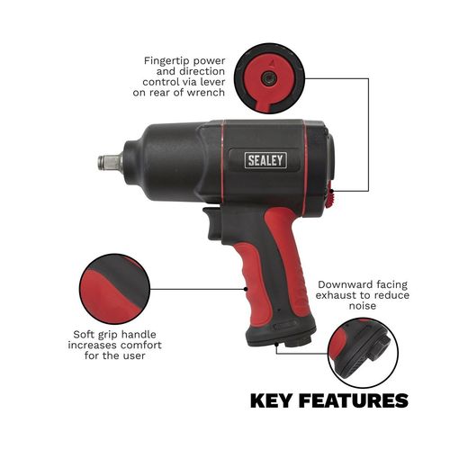 Sealey Air Impact Wrench 1/2"Sq Drive Twin Hammer Generation Composite — image 6