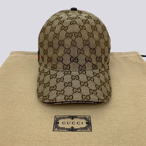 Gucci GG Monogram Logo Web Stripe Canvas Baseball Cap Hat Beige Size M — image 5