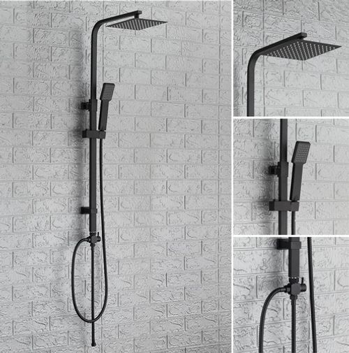 Square Shower Kit Twin Head Mixer Rail Hose Riser Waterfall Bathroom Black Set