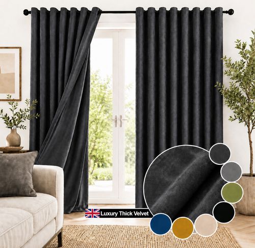 Thick Heavy Velvet Curtains PAIR of Eyelet Ring Top Fully Lined Ready Made  — image 1
